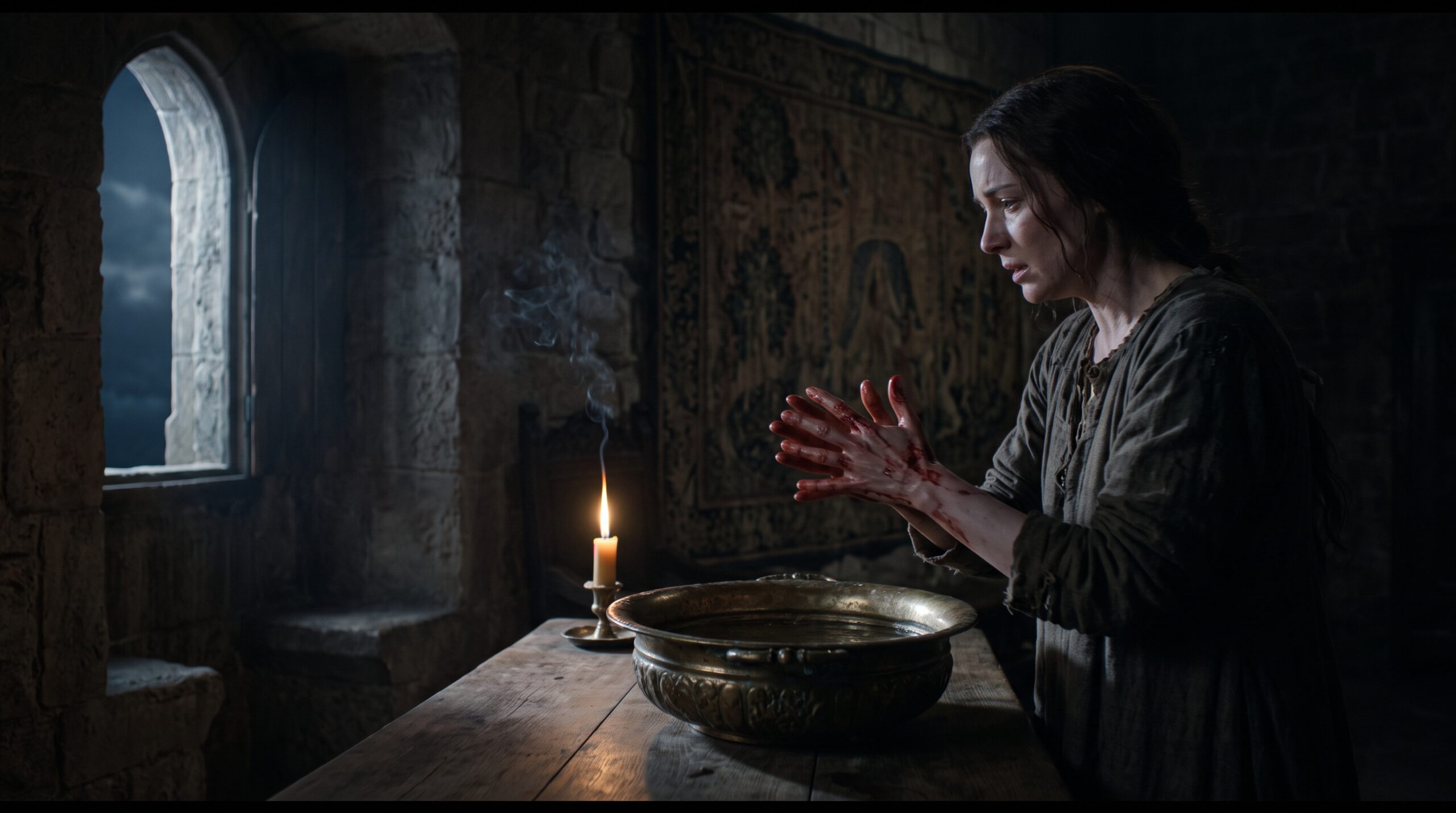 A dramatic close-up of Lady Macbeth frantically rubbing her blood-stained hands over a washbasin at night, symbolizing the guilt and blood symbolism in Macbeth.