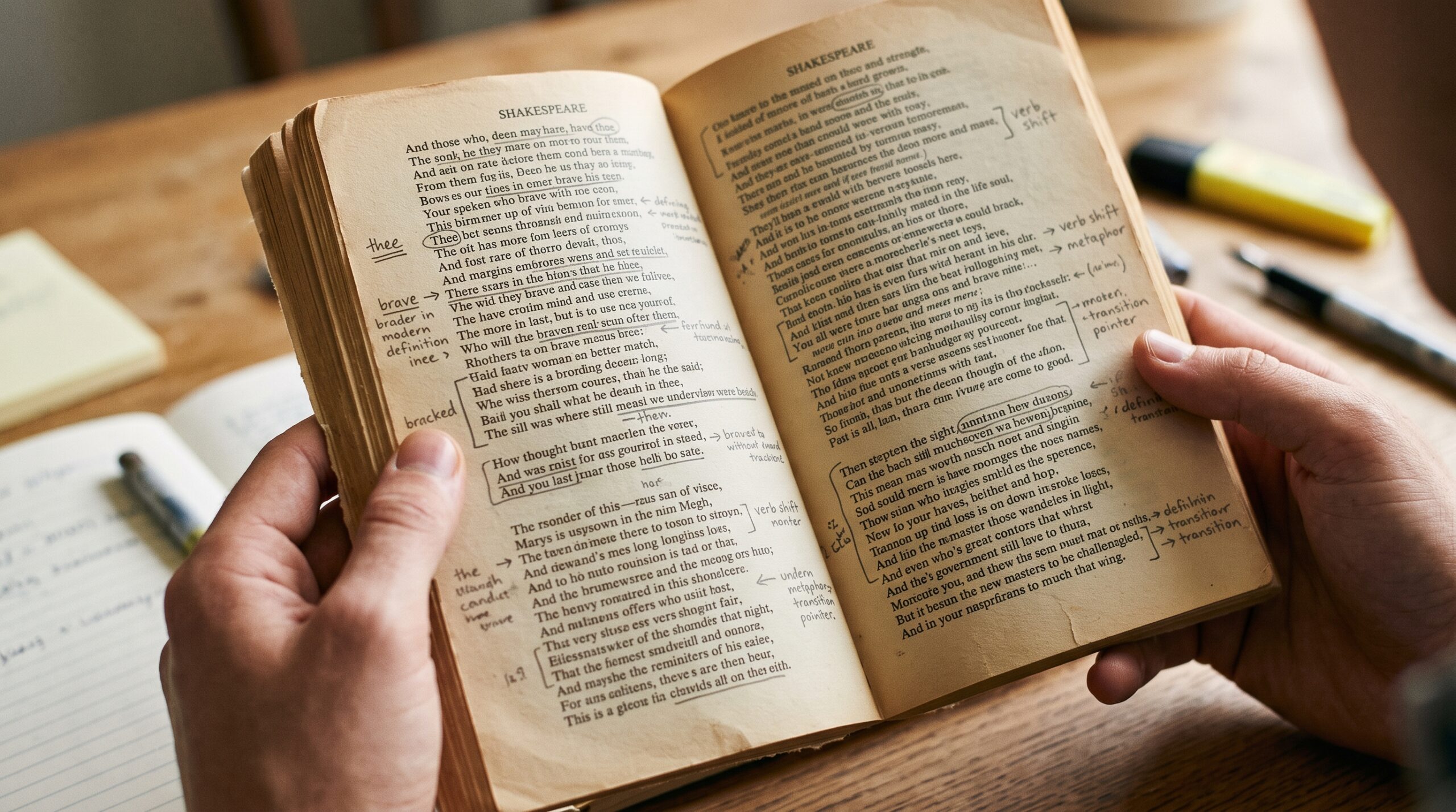 Close-up of a student’s hands holding an annotated book of Shakespeare's poetry with handwritten margin notes, vocabulary translations, and syntax markings.