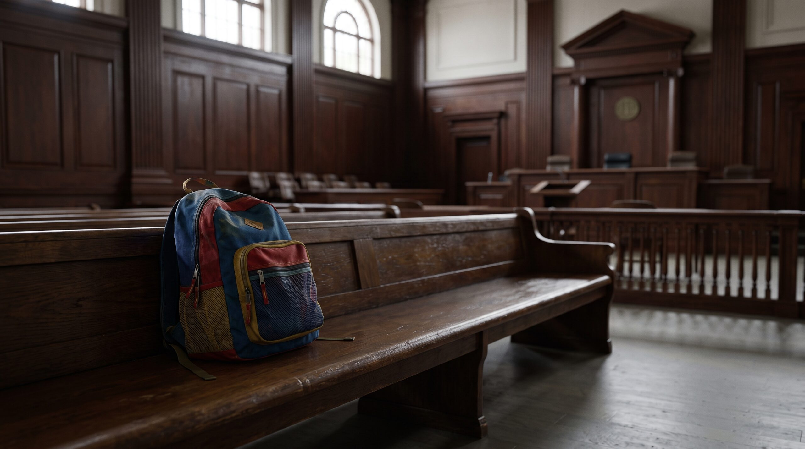 High school backpack left on a courtroom bench demonstrating the severe real-world penalties of Pennsylvania age of consent laws.