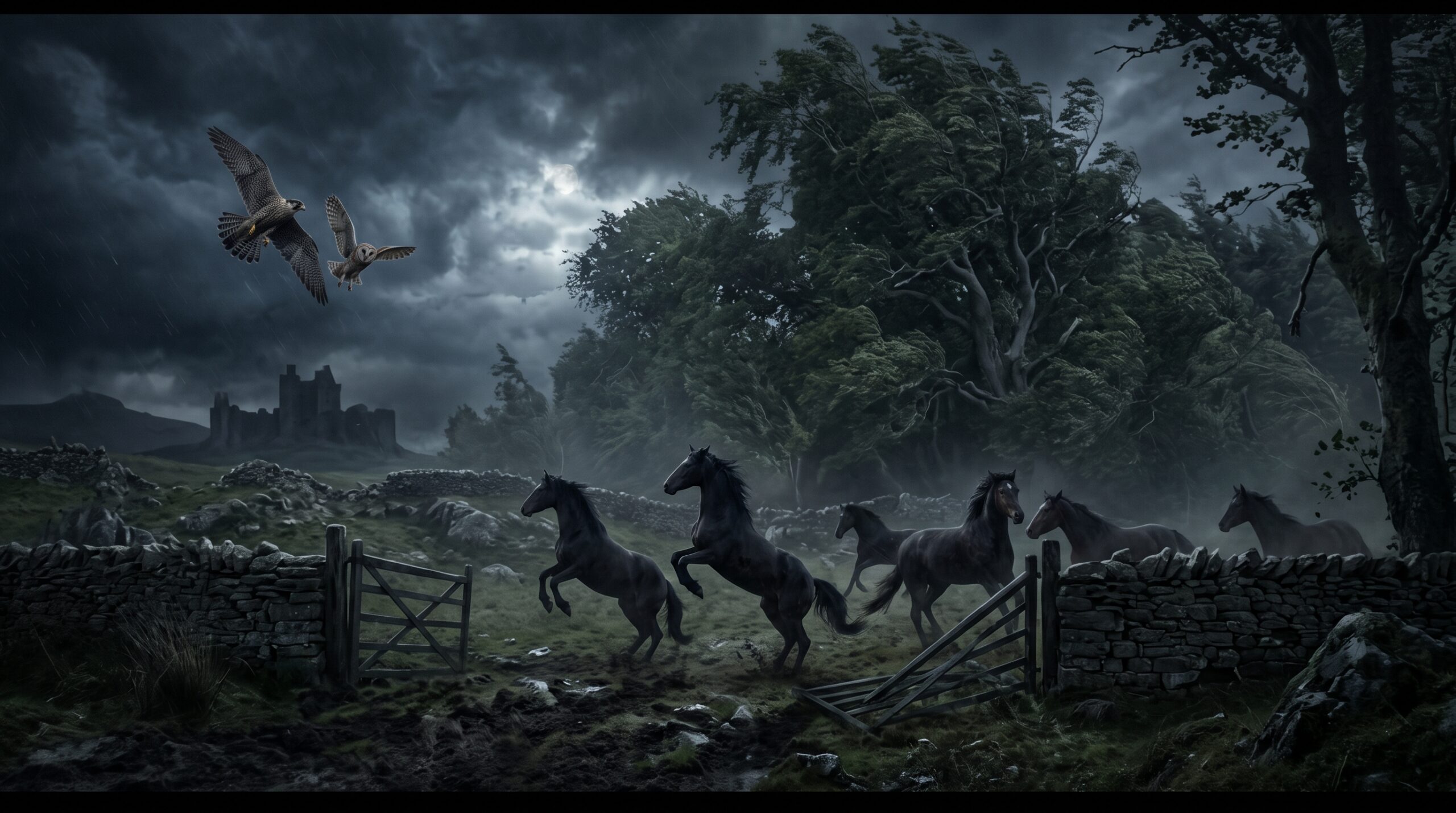 Panic-stricken horses and an owl attacking a falcon during a stormy night, representing the distorted nature and unruly elements in Macbeth.