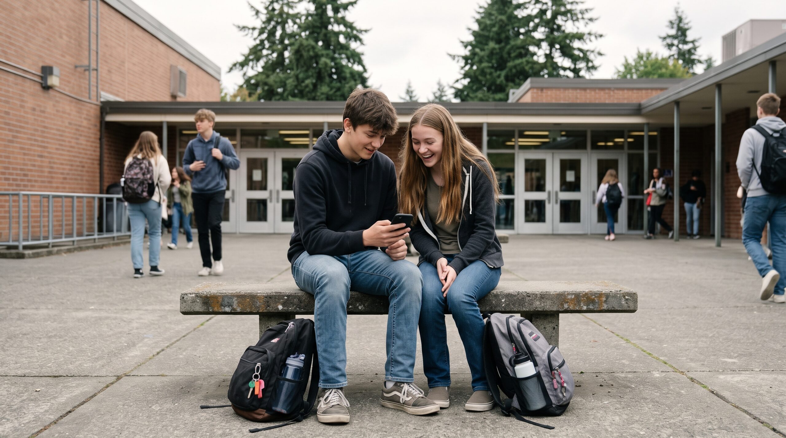 Two Washington high school students sitting together outside a school, representing peer-to-peer teenage relationships under the law.
