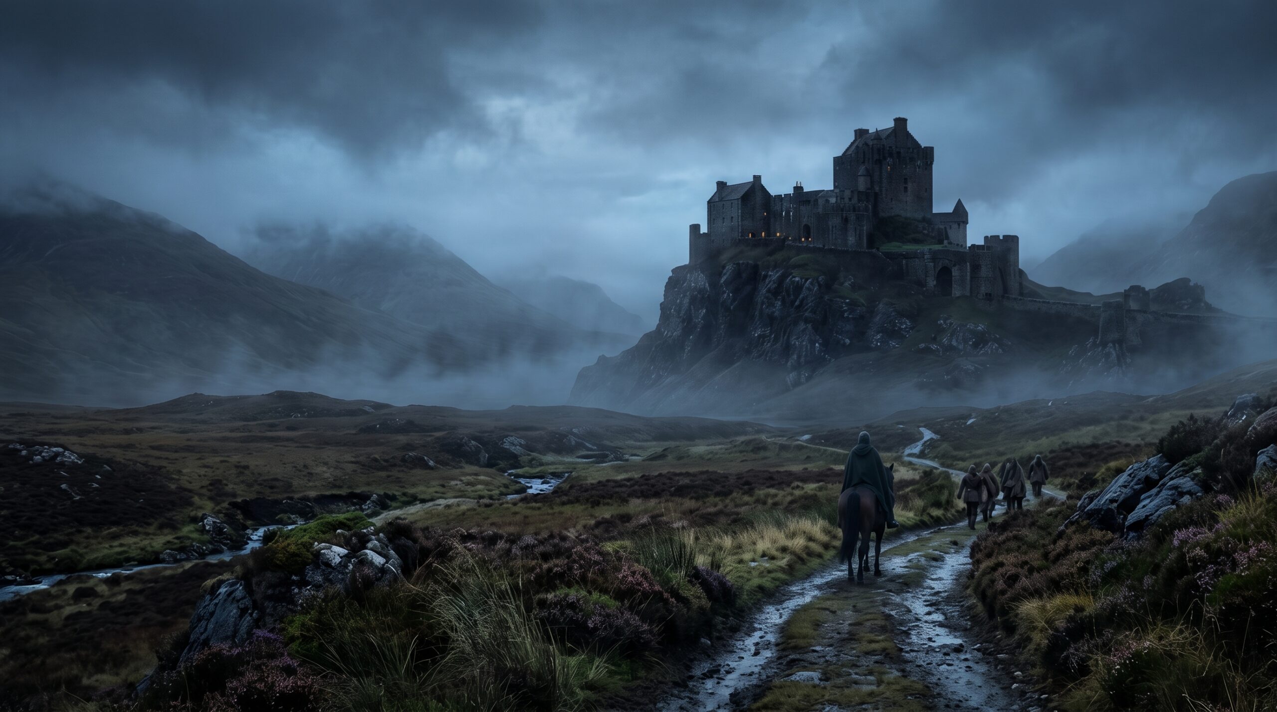 Eerie 11th-century Scottish moor and medieval stone castle reflecting the setting of Macbeth.
