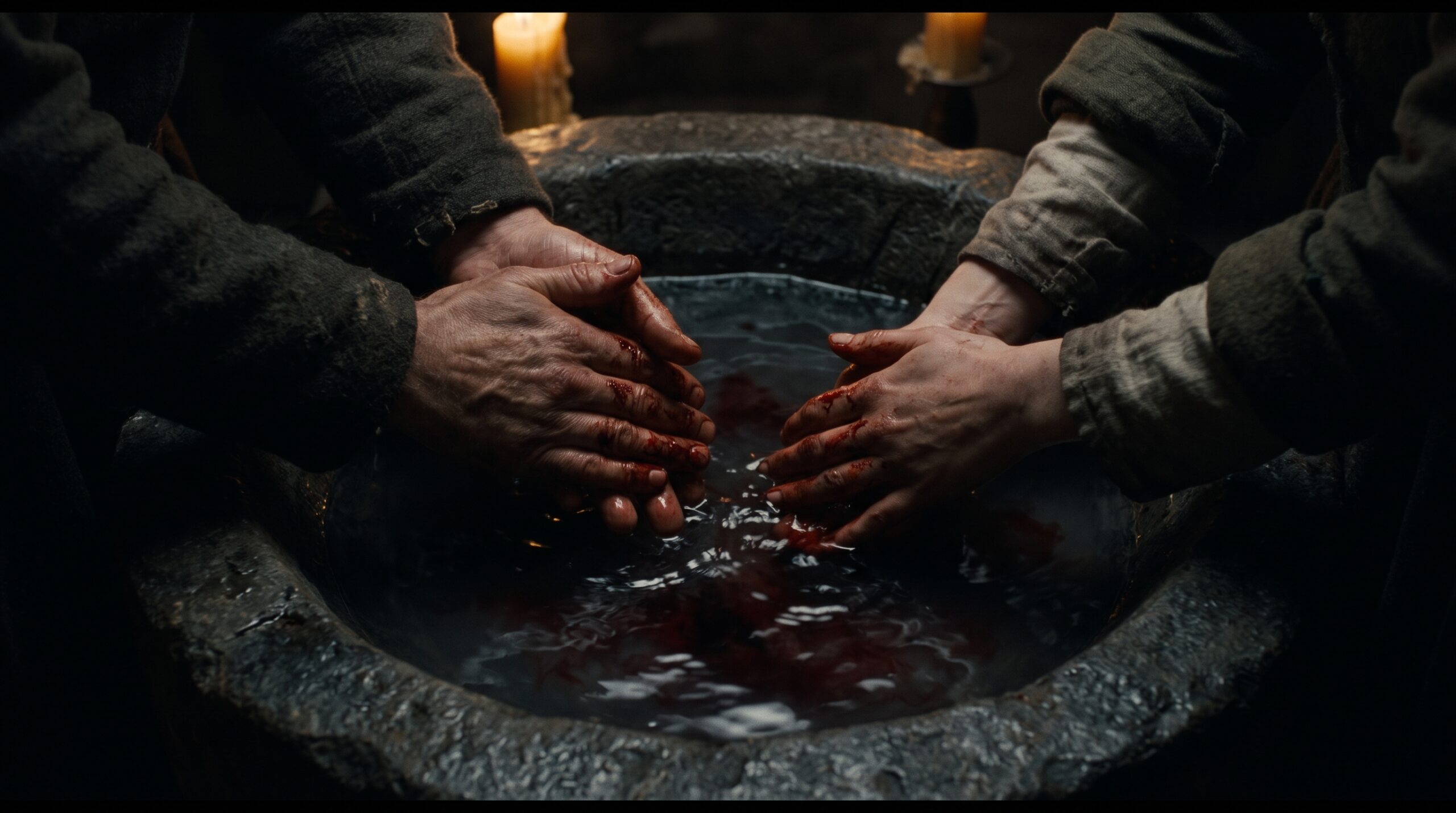 A close-up of hands stained with dark blood being washed over a rustic stone basin in a candlelit medieval castle, symbolizing the guilt of Duncan’s murder in Macbeth Act 2, Scene 2.