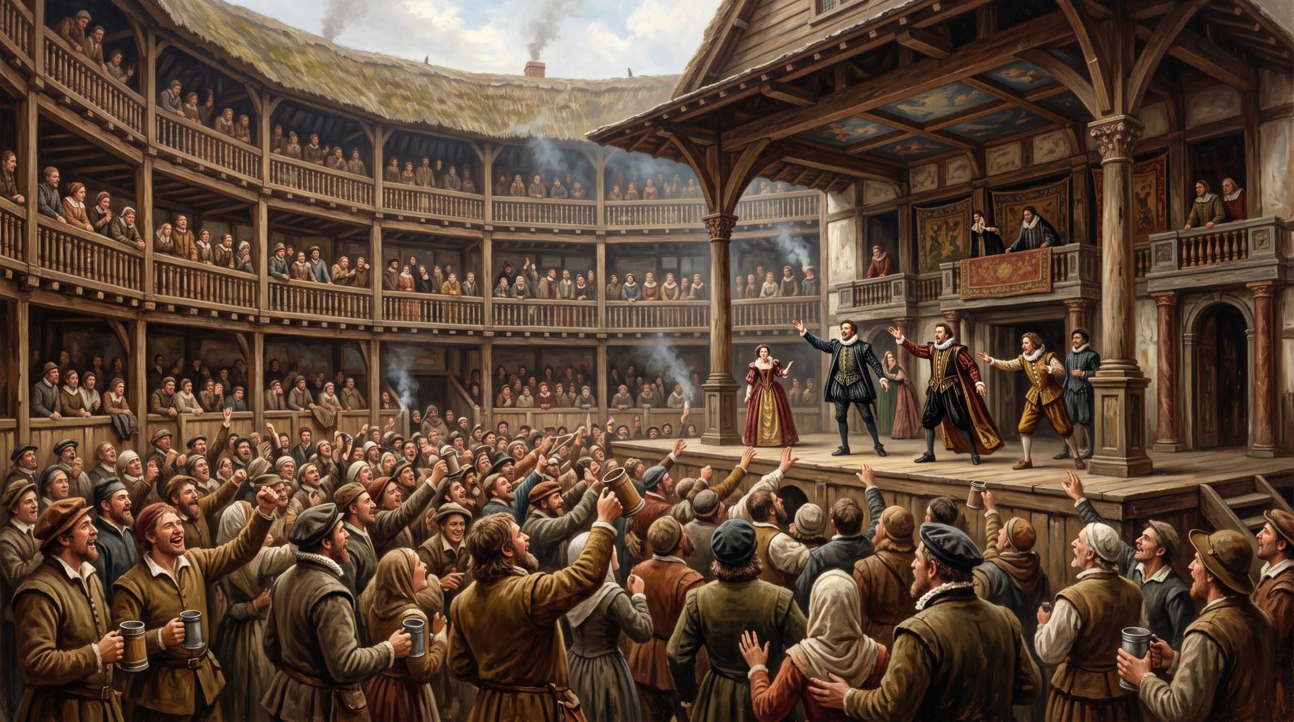 A historical depiction of rowdy groundlings drinking ale and cheering at the original Globe Theatre in London.