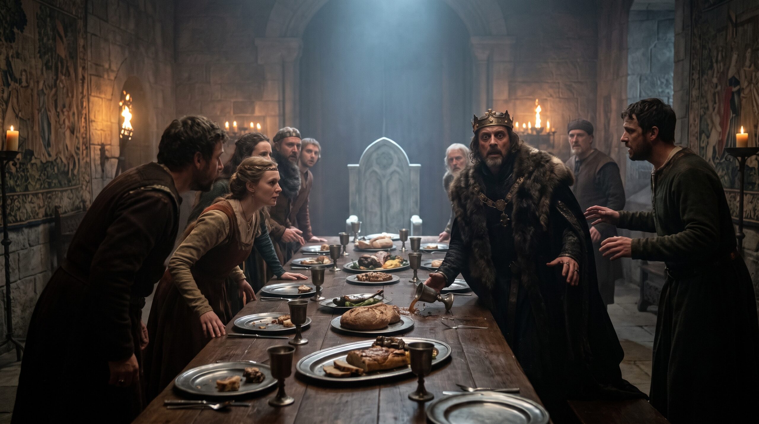 An intense scene of Macbeth panicking during a royal banquet in a medieval hall after seeing Banquo's ghost.