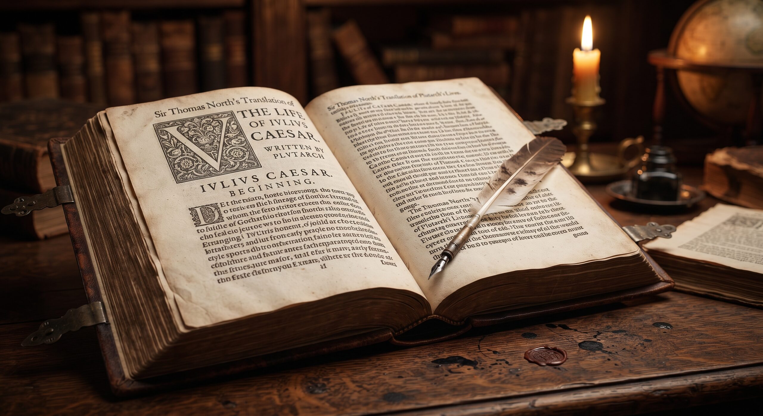 An antique 1579 edition of North's Plutarch, the primary source for Shakespeare's Roman plays.