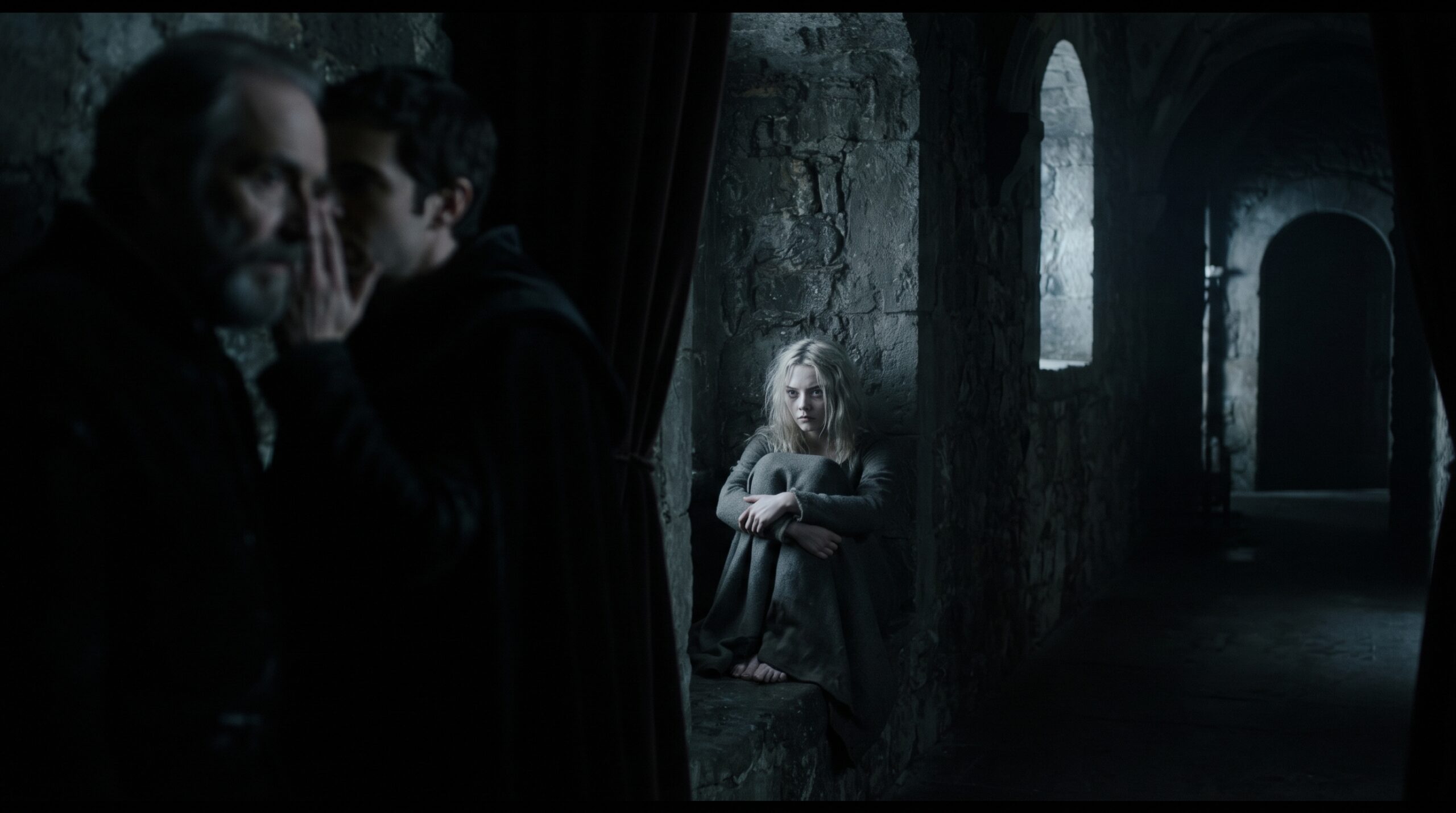 Ophelia cowering in an alcove in Elsinore Castle while being spied on by Polonius and Claudius, representing her isolation and trauma.