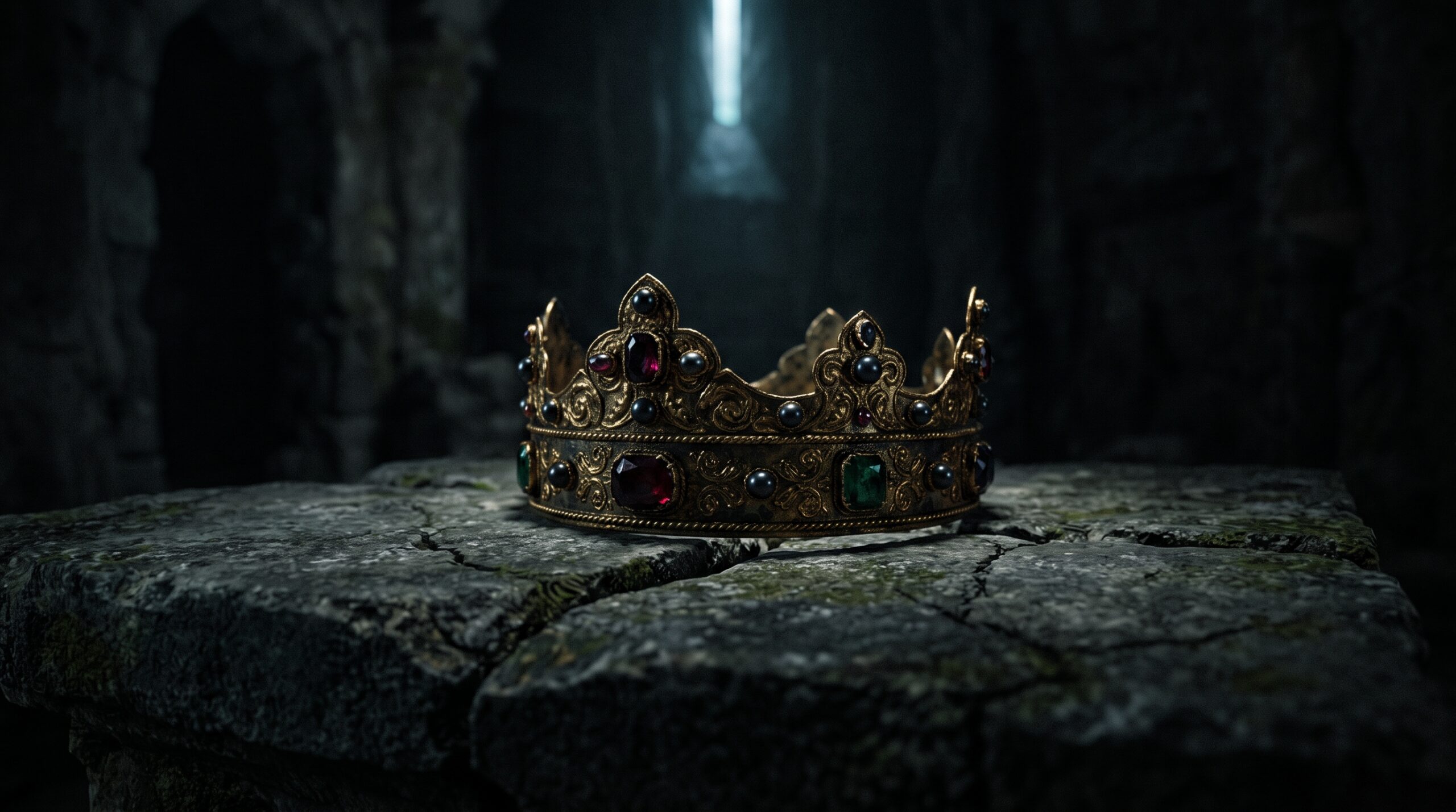 Ornate medieval gold crown in deep shadows symbolizing the core theme of corrupt ambition.