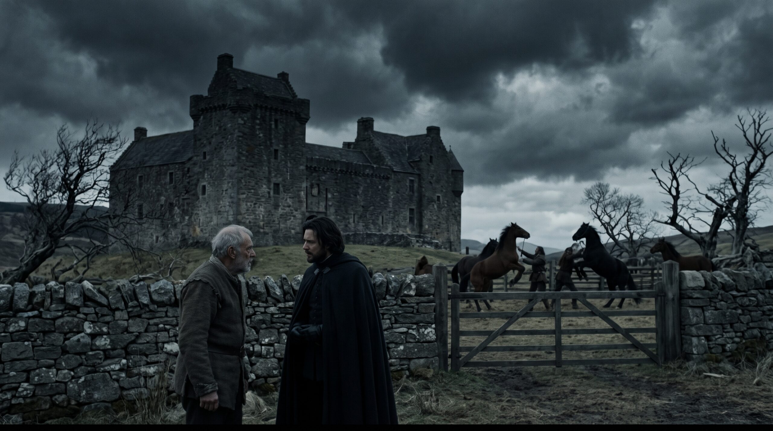 An old man and a Scottish nobleman discussing omens outside a castle under a dark, stormy daytime sky, with agitated horses in the background, from Macbeth Act 2, Scene 4.