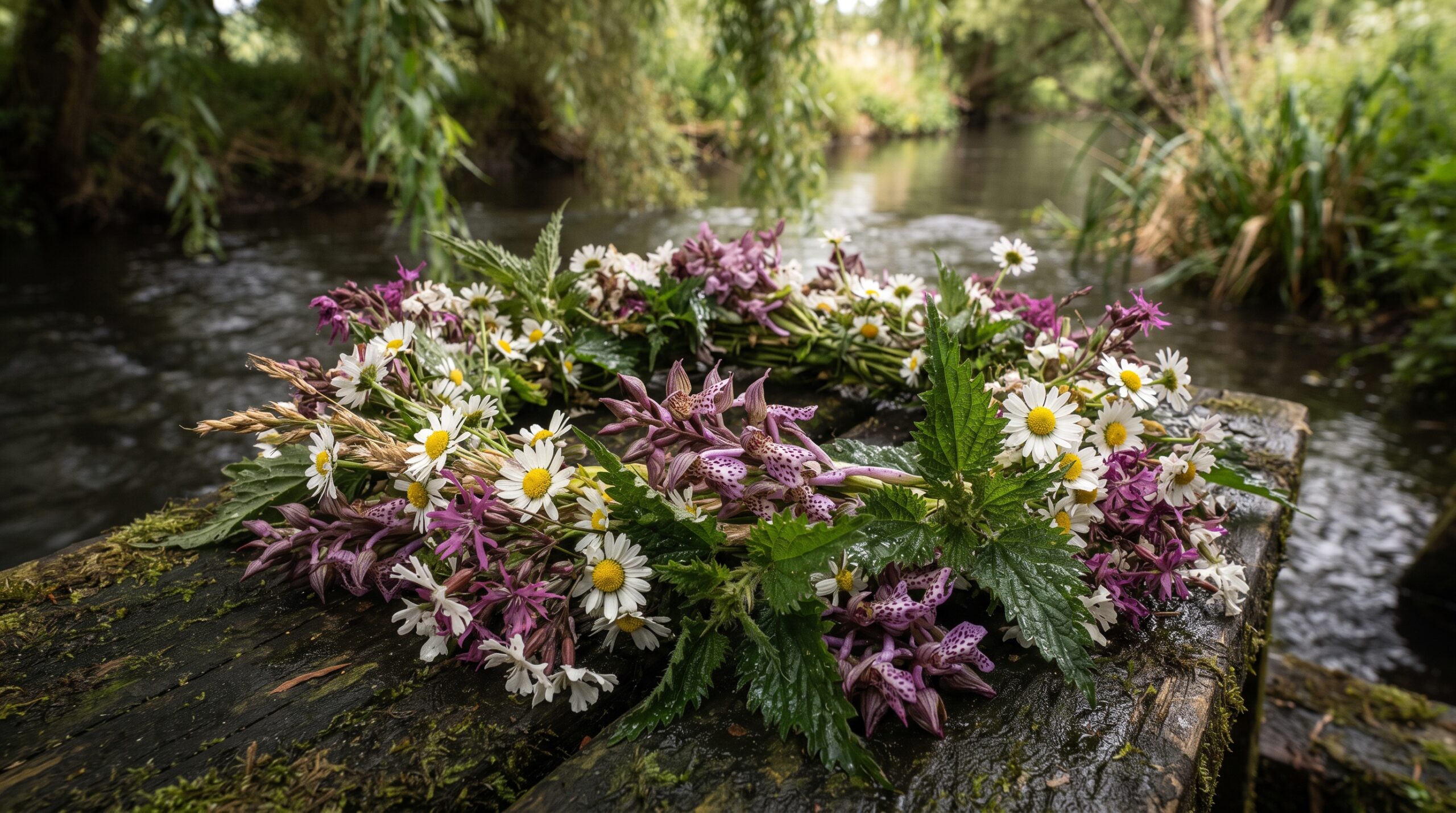 A close-up photograph of Ophelia's floral garland featuring daisies, nettles, crow-flowers, and long purples, resting by the edge of a stream.