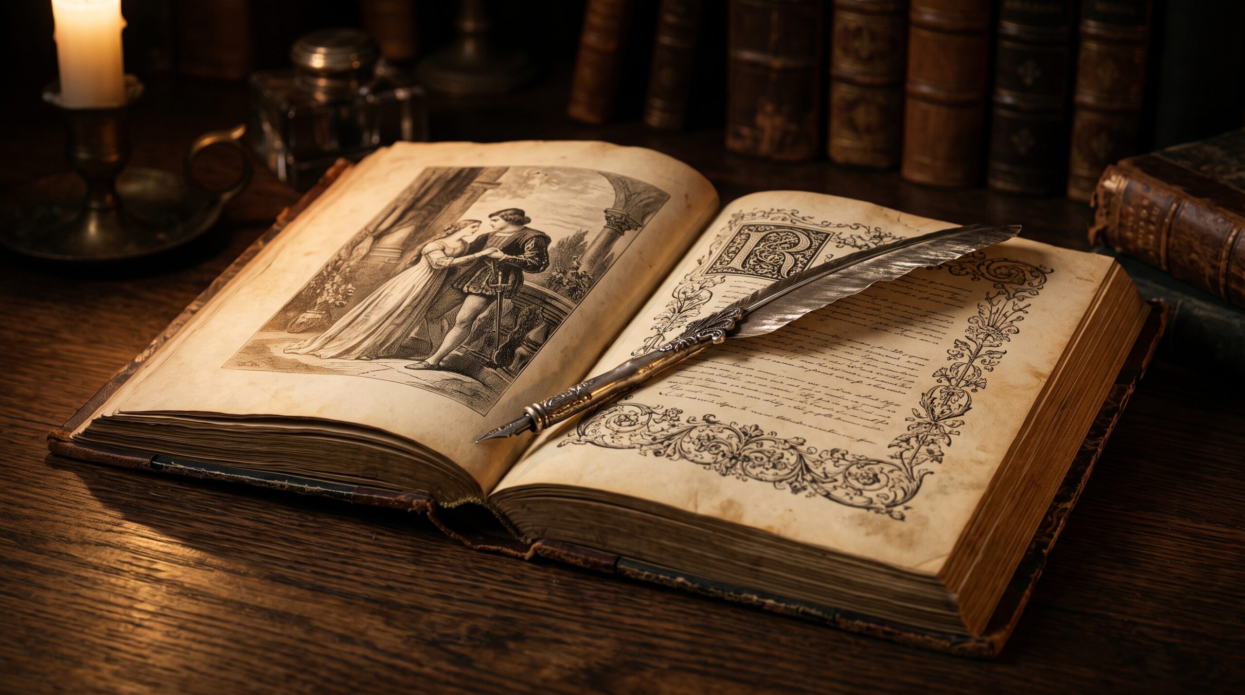 Antique illustrated copy of Shakespeare's Romeo and Juliet with a quill on a wooden table.