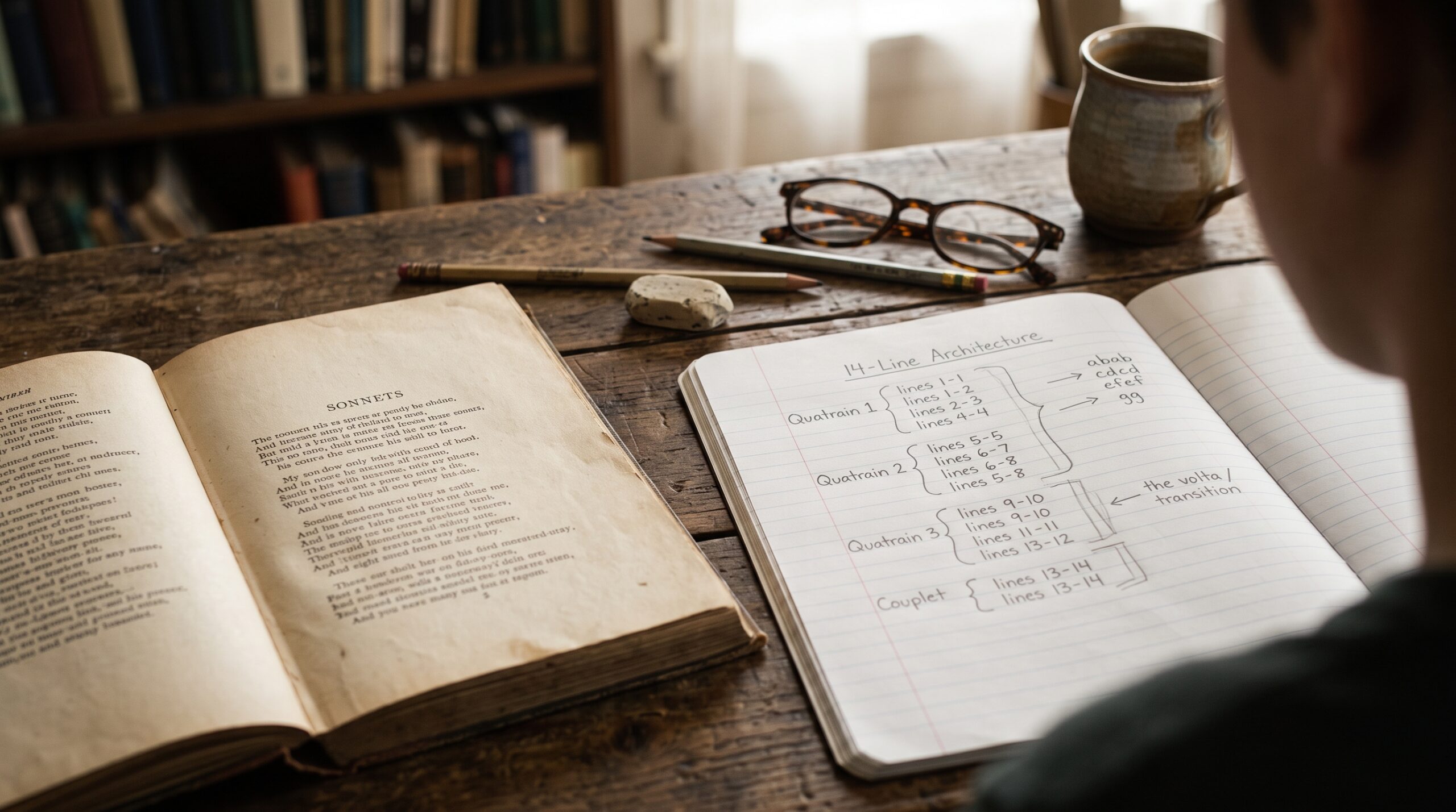 A student’s open study notebook showing handwritten diagrams and notes of the 14-line structure, quatrains, and rhyme scheme of a Shakespearean sonnet on a wooden desk.
