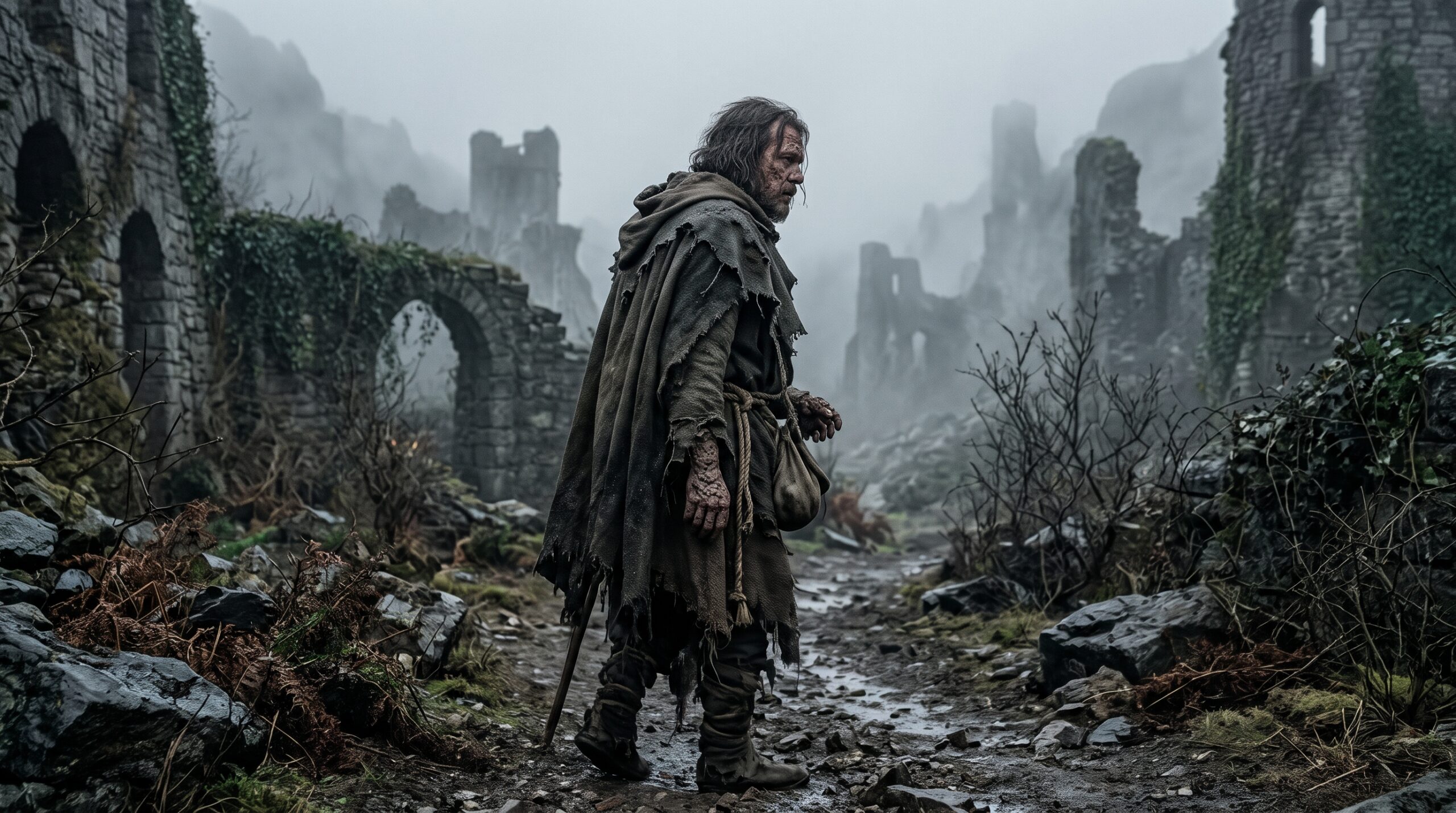 A rugged medieval exile wandering through mist-shrouded ruins, representing the tragic isolation associated with the game of thrones scale disease and Shakespearean outcasts.