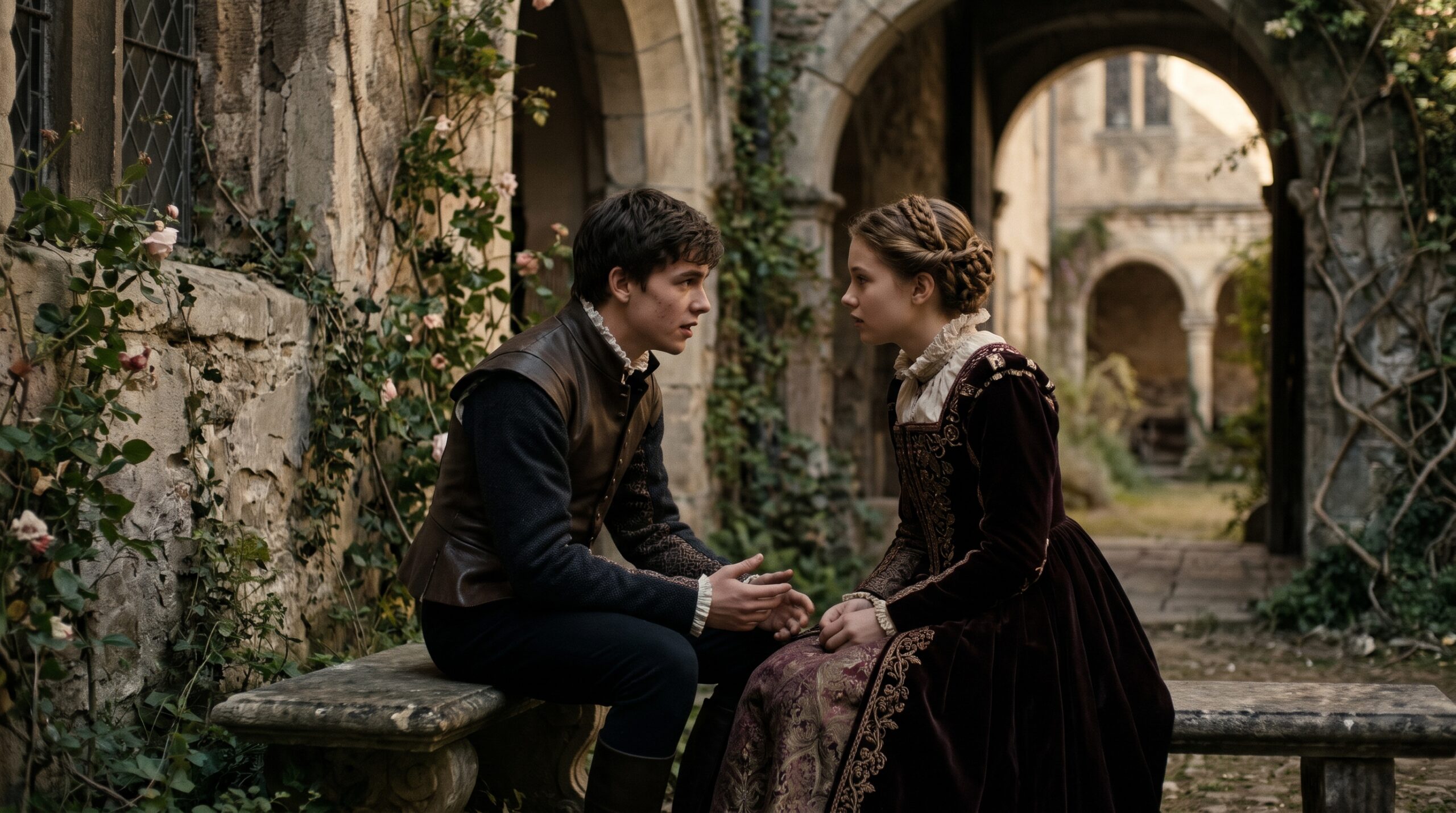 Two actors in authentic Elizabethan attire portraying Romeo and Juliet in a historical stone courtyard, symbolizing the literary origins of the Romeo and Juliet law.