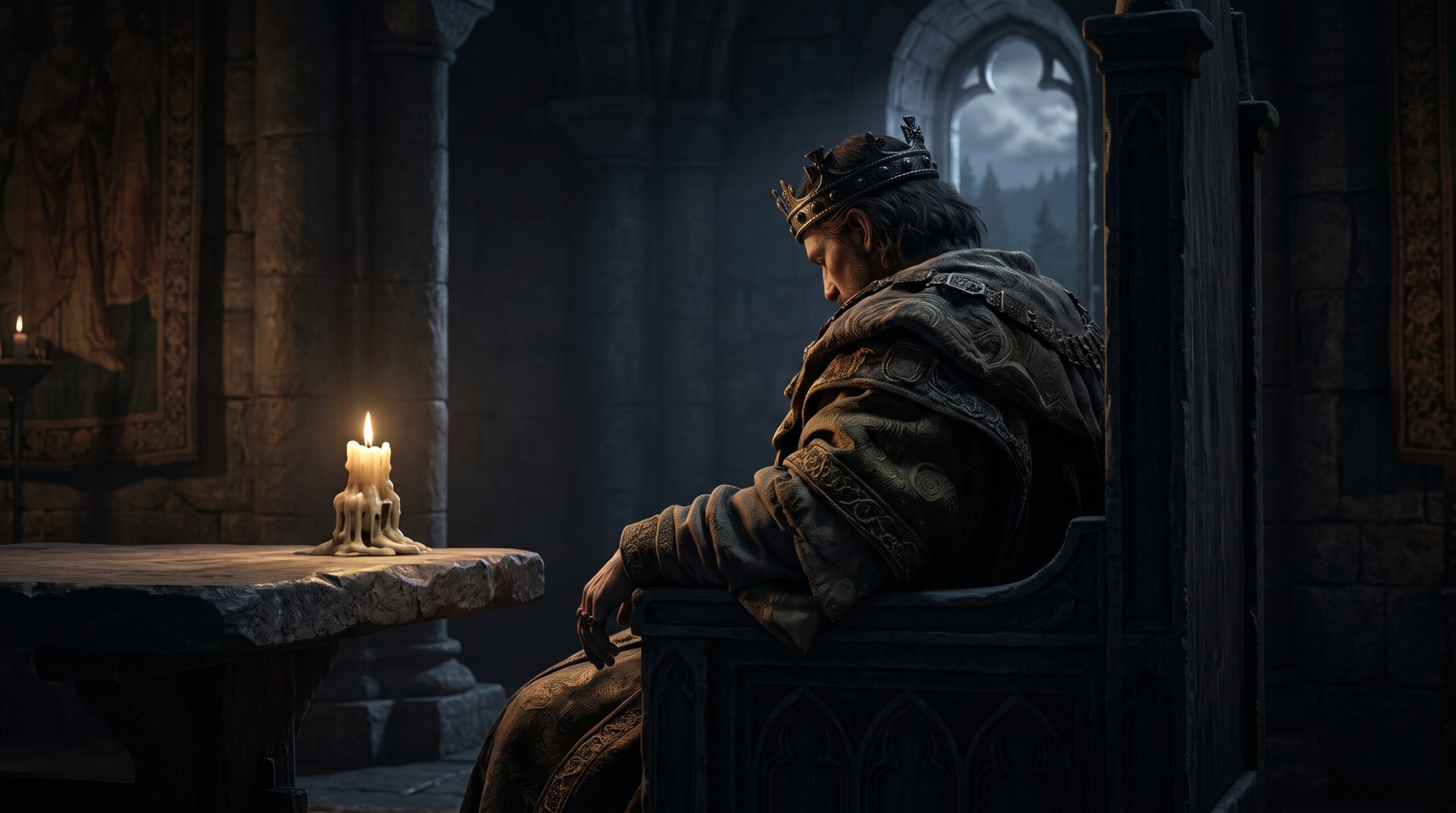 Macbeth sitting on a throne wearing oversized, ill-fitting royal robes and a crown, illustrating the clothing motif in Macbeth.