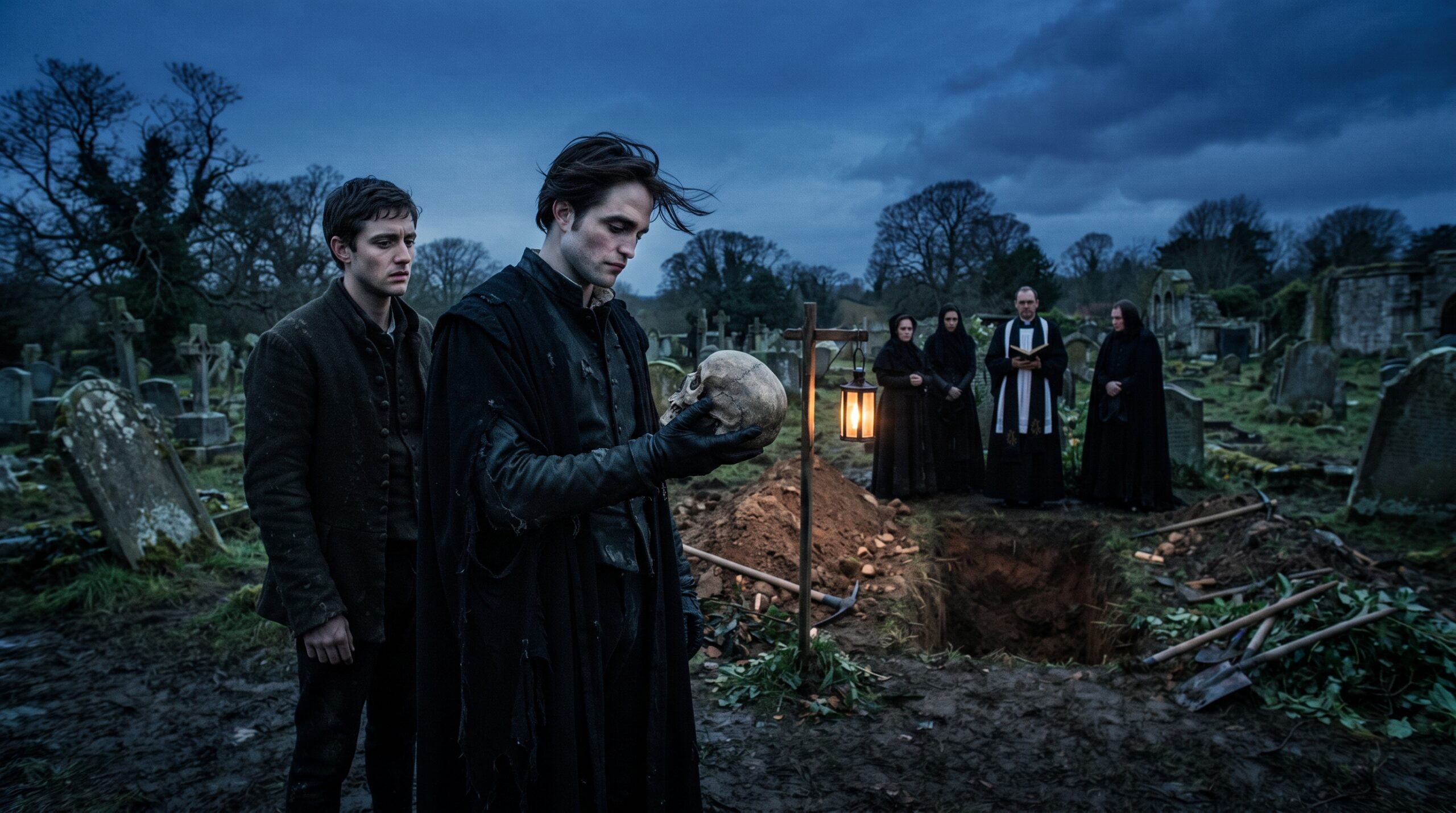 Hamlet holding Yorick's skull in the graveyard at twilight, with Ophelia's open grave visible in the background, symbolizing the climax of the play.