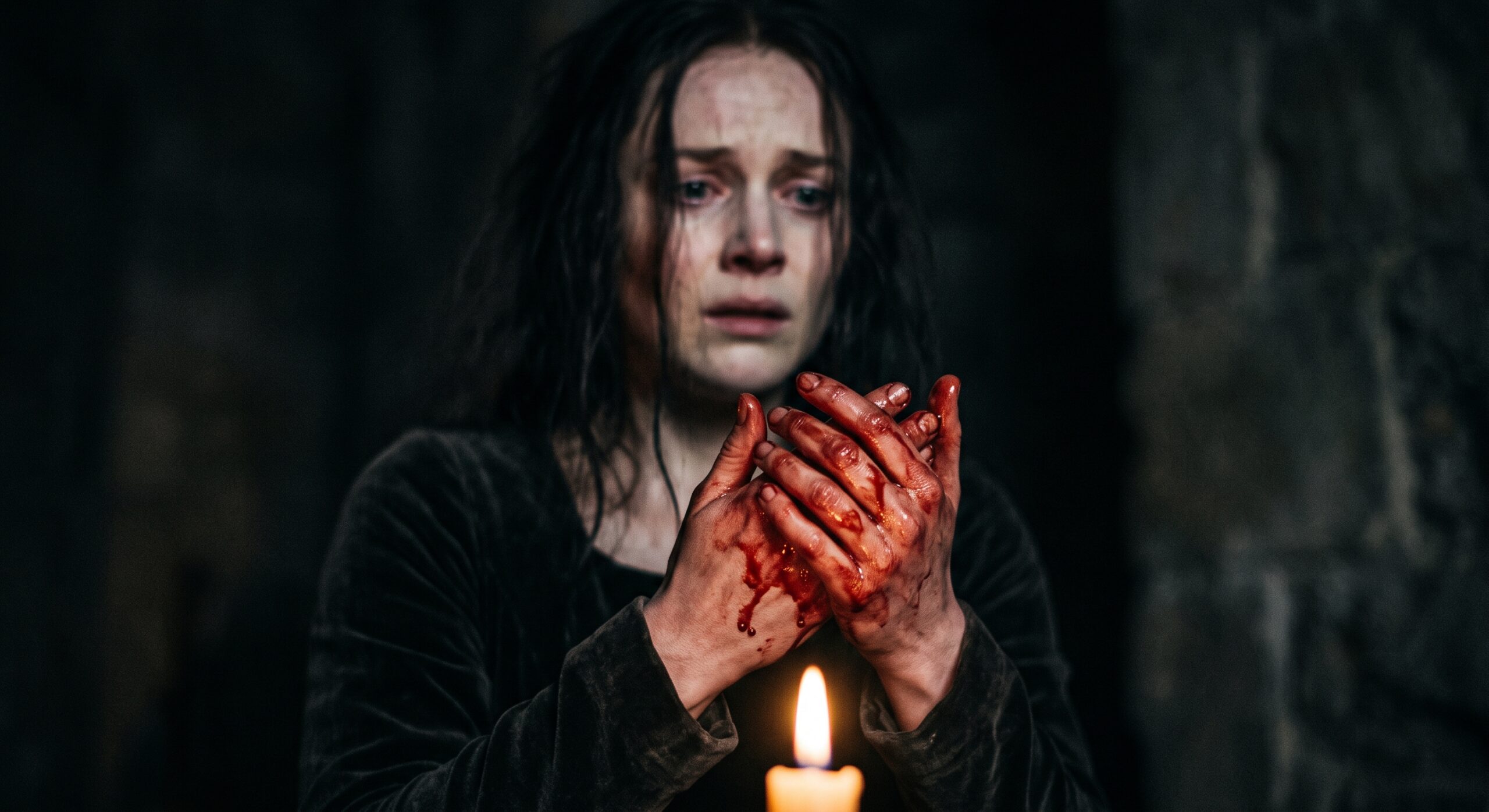 Close-up of Lady Macbeth frantically scrubbing invisible blood from her hands under candlelight.