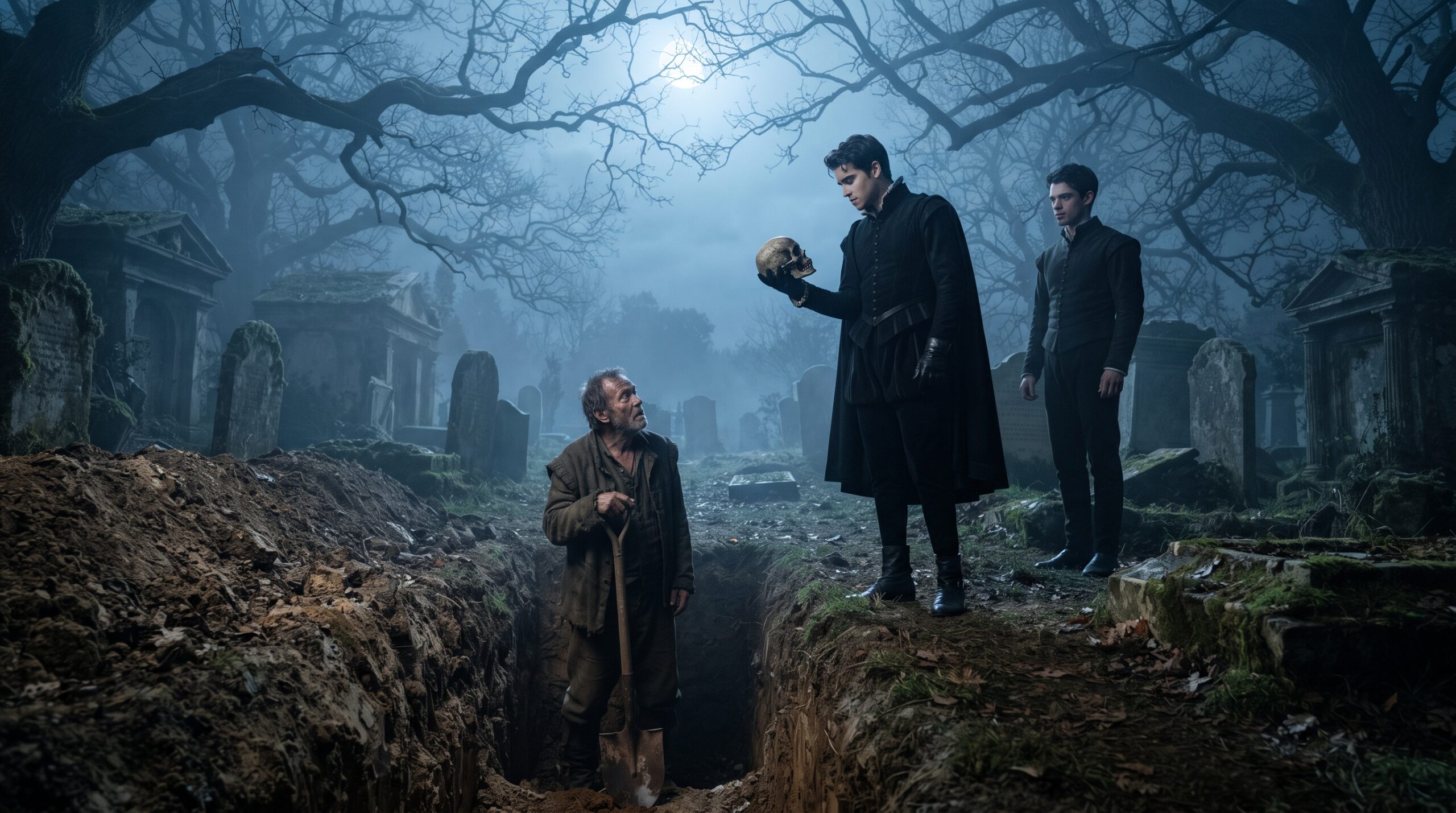 Prince Hamlet holding the skull of Yorick in a moonlit graveyard, contemplating mortality with Horatio nearby.