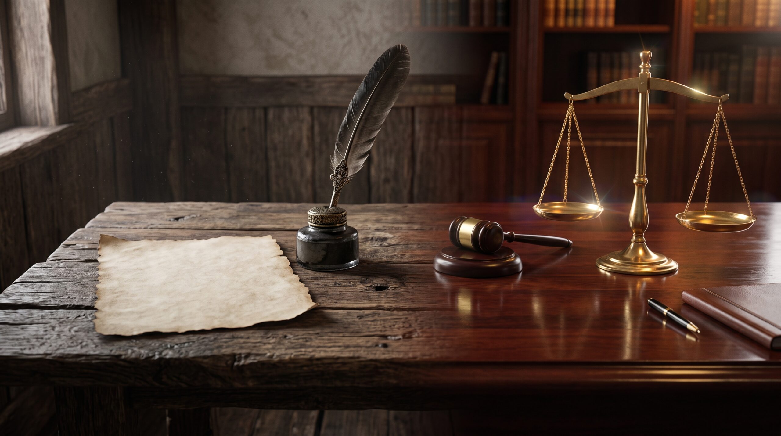Antique feather quill and modern scales of justice illustrating the literary history of Pennsylvania statutory rape exemptions.