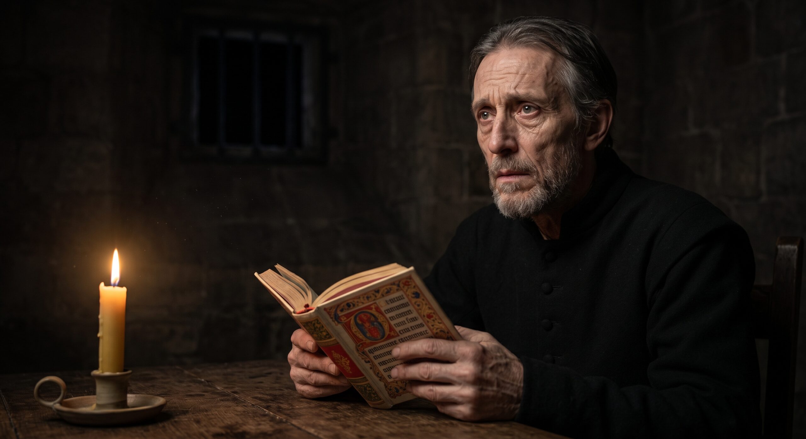A close-up, candlelit portrait of King Henry VI in captivity in the Tower of London, holding a prayer book and looking upward with a pained, contemplative expression.