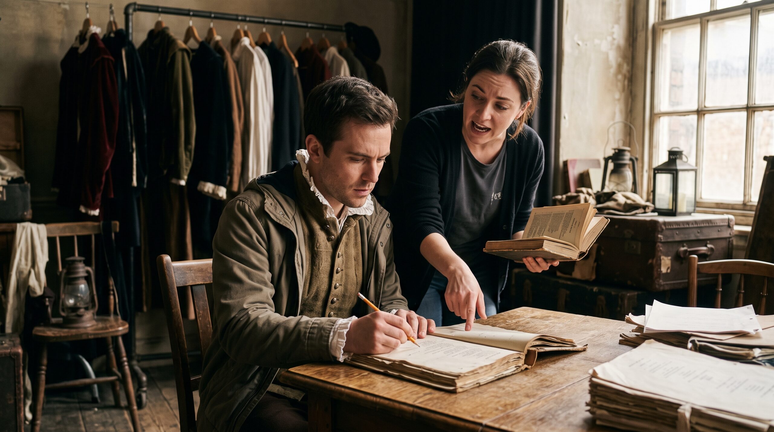 Two theater actors studying a worn script together in a historic rehearsal room to decode the original Macbeth play text.