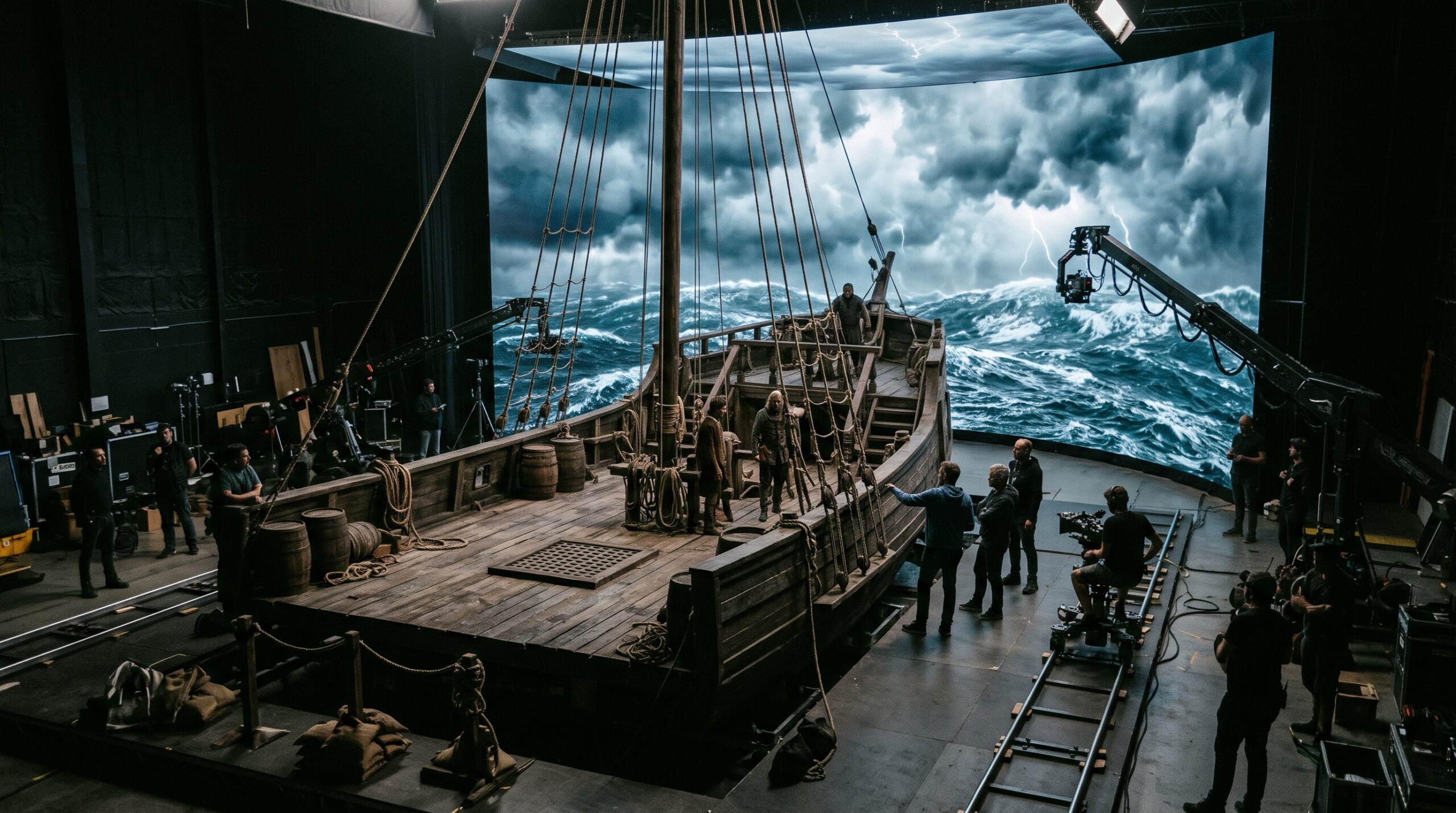 Behind the scenes of a film set using a massive LED virtual production wall to display an ocean storm behind a practical wooden ship deck.